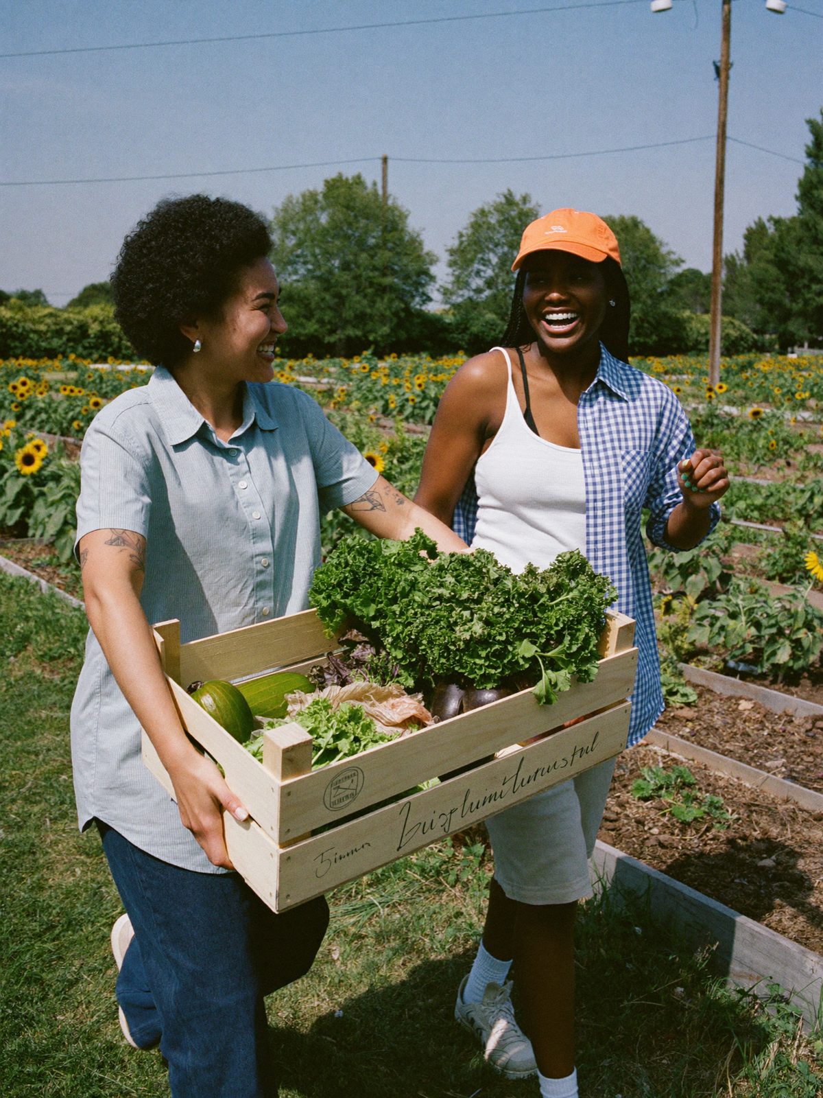 Two friends carrying a crate of vegetables through a community garden